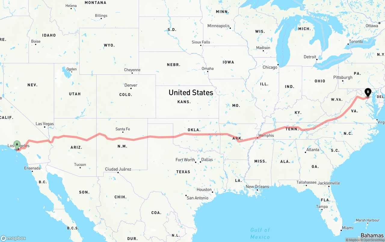 Shipping route from Los Angeles International Airport to Washington D.C.