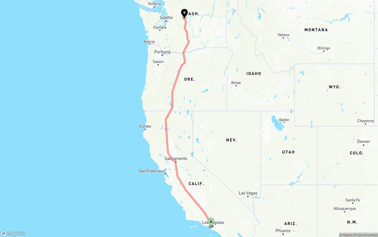 Shipping route from Los Angeles International Airport to Washington