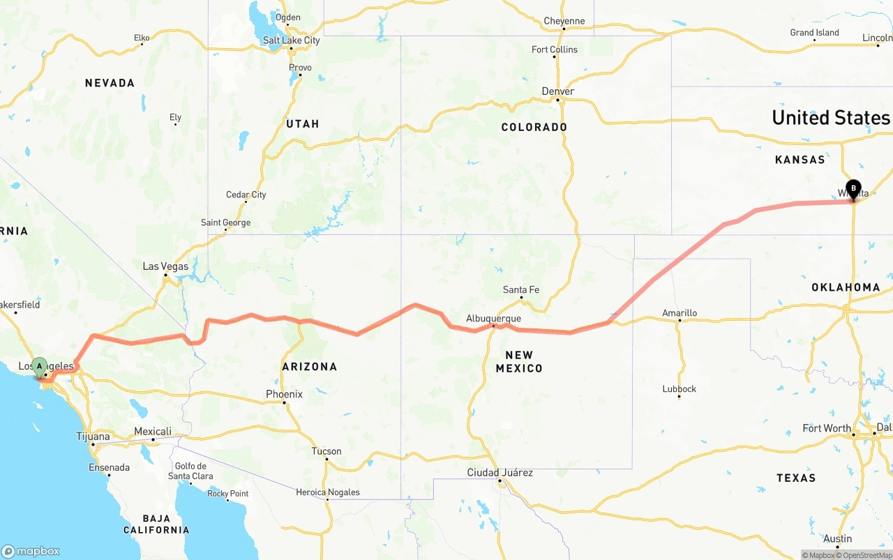 Shipping route from Los Angeles International Airport to Wichita