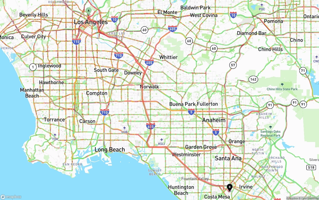Shipping route from Los Angeles to John Wayne Airport — Orange County