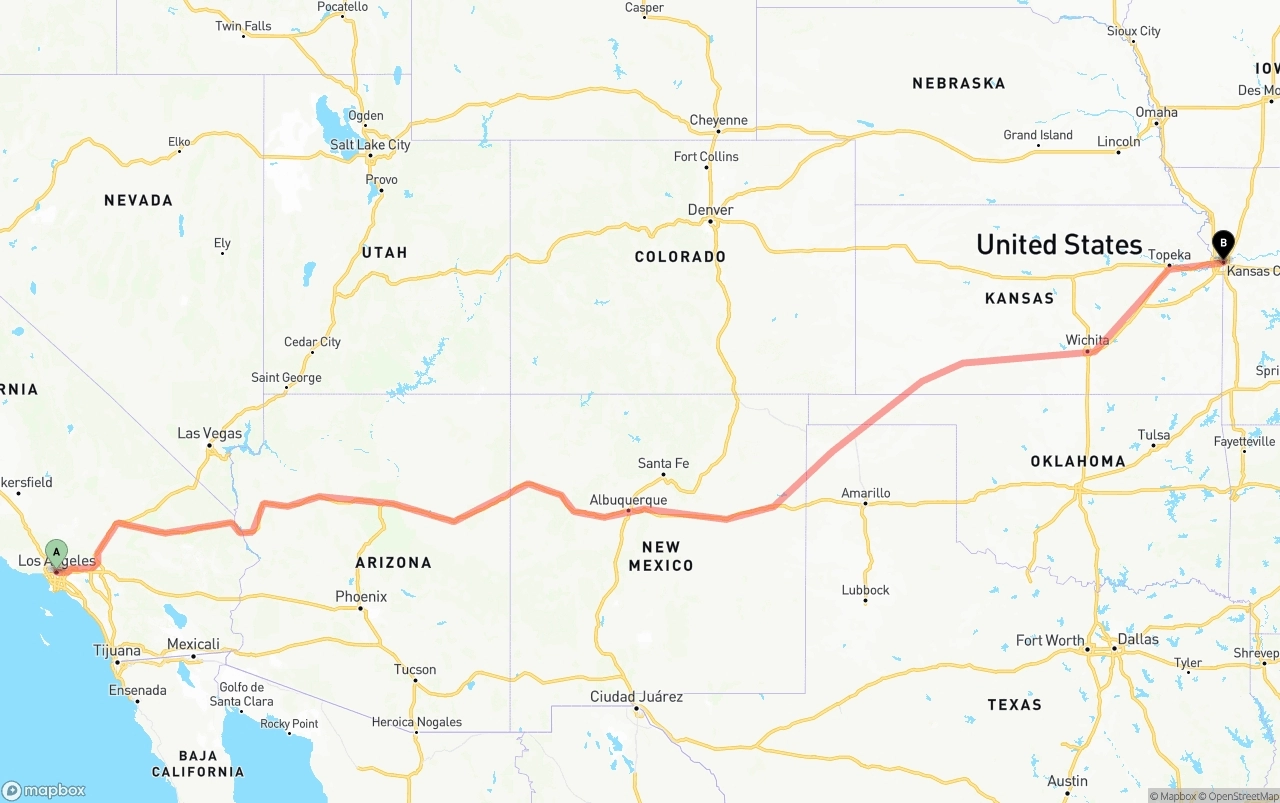 Shipping route from Los Angeles to Kansas City