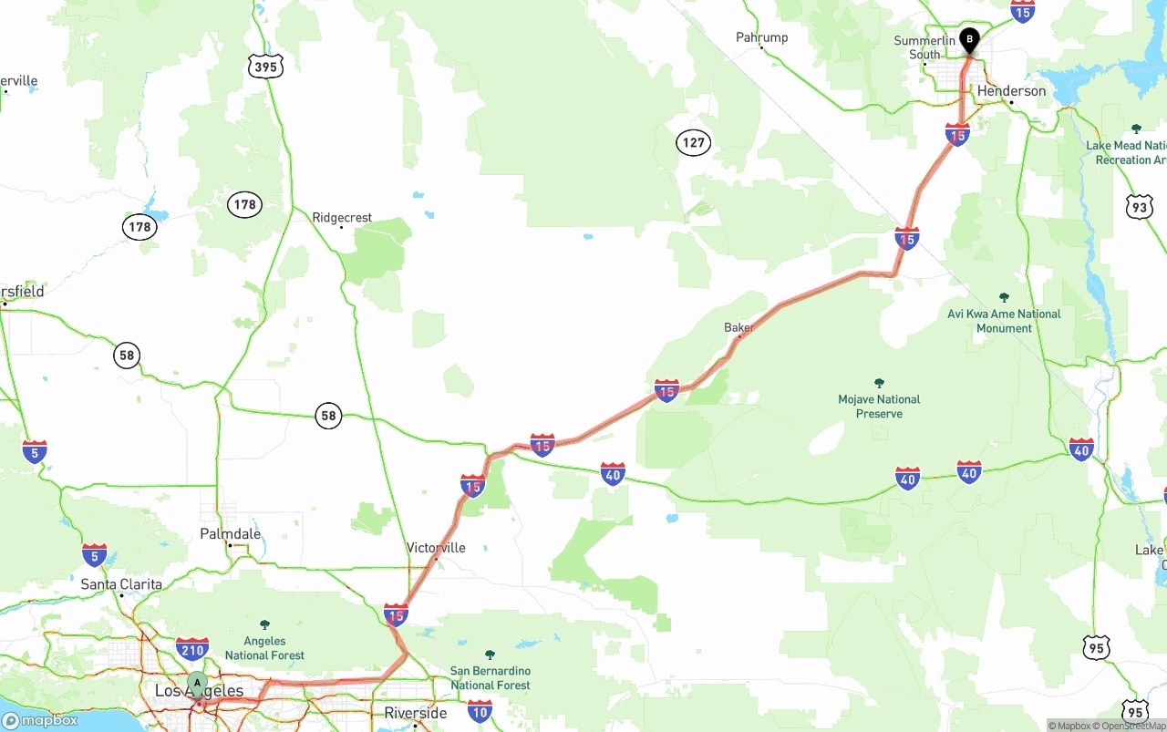 Shipping route from Los Angeles to Las Vegas