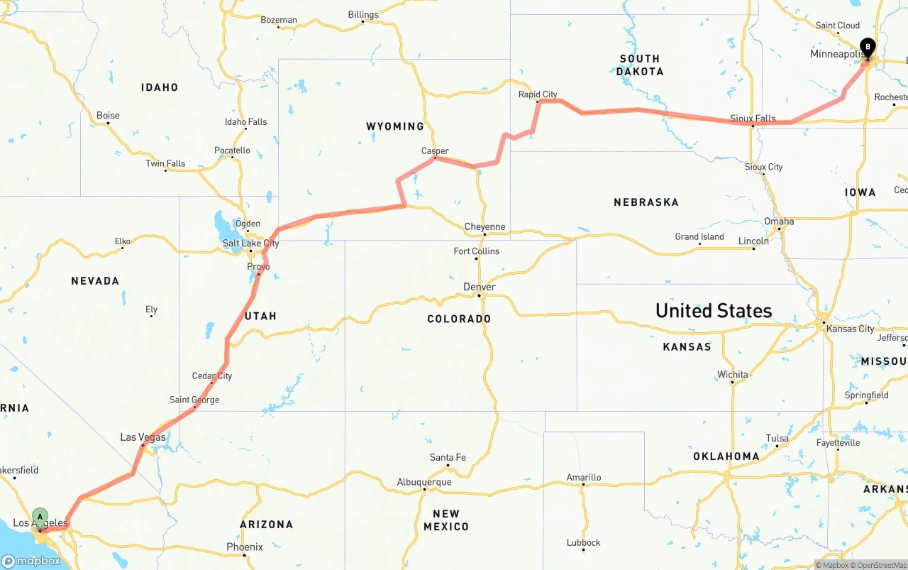 Shipping route from Los Angeles to Minneapolis