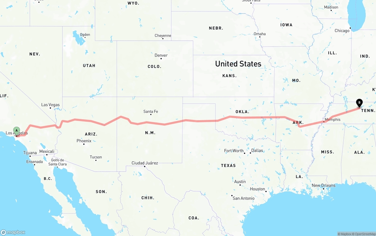 Shipping route from Los Angeles to Nashville