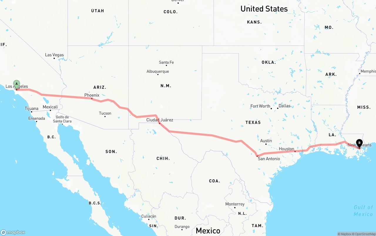 Shipping route from Los Angeles to New Orleans