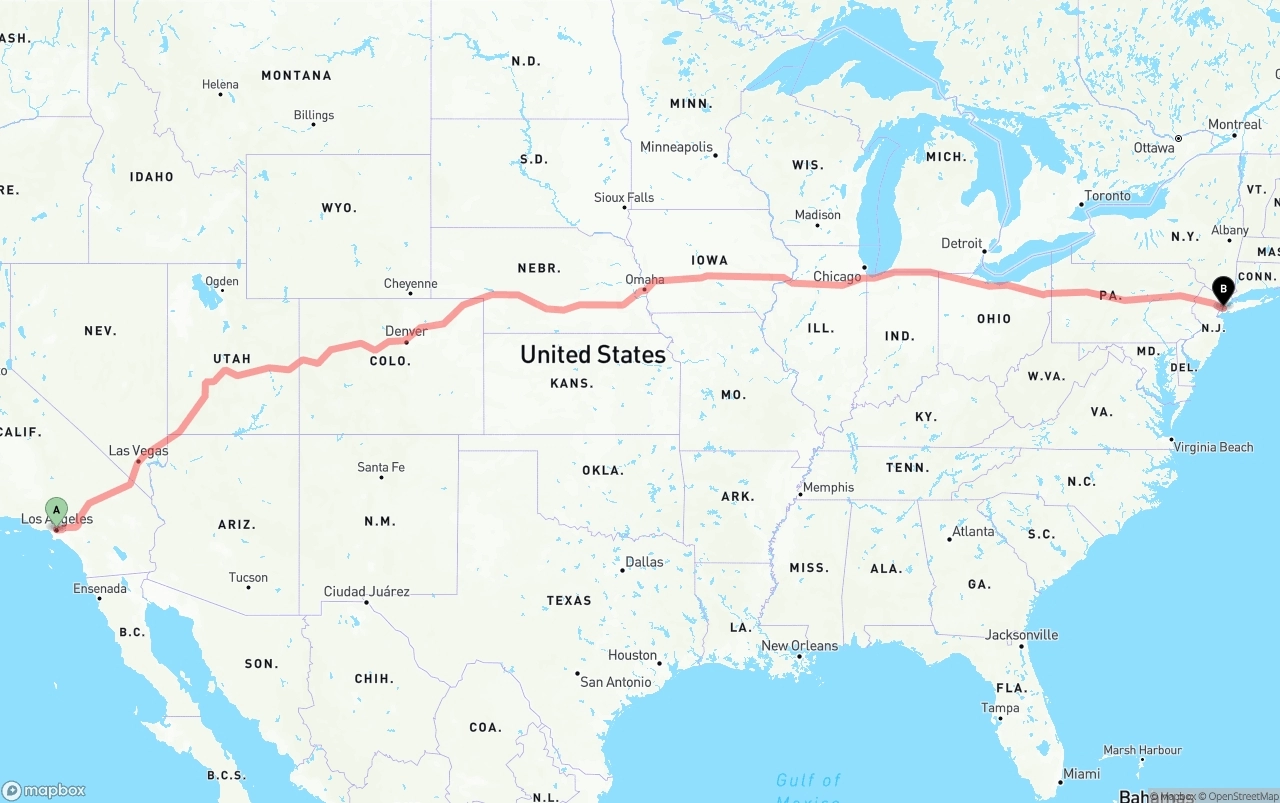 Shipping route from Los Angeles to New York City
