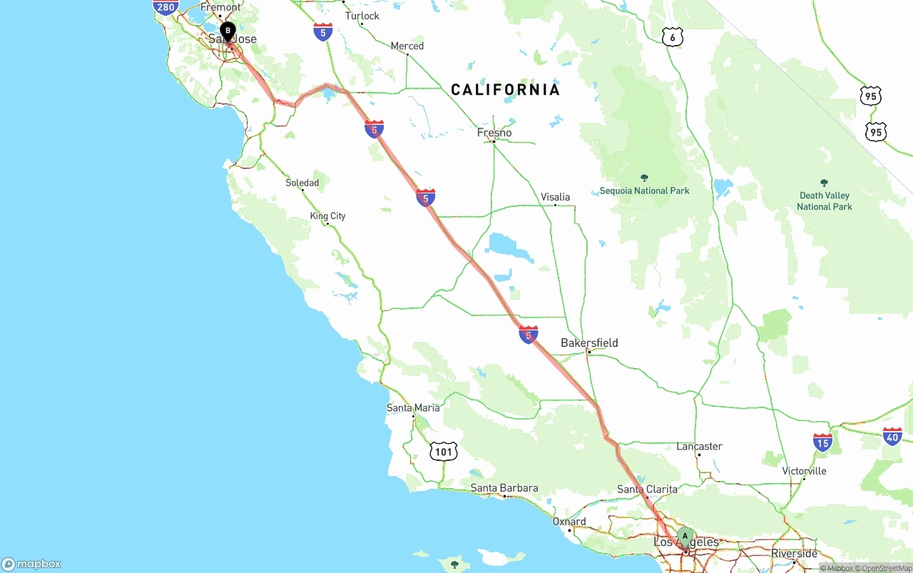 Shipping route from Los Angeles to Norman Y. Mineta San Jose International Airport