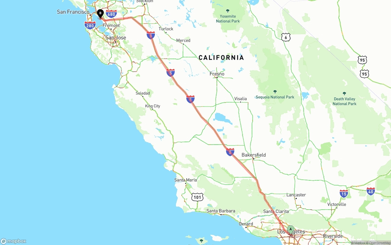 Shipping route from Los Angeles to Oakland International Airport