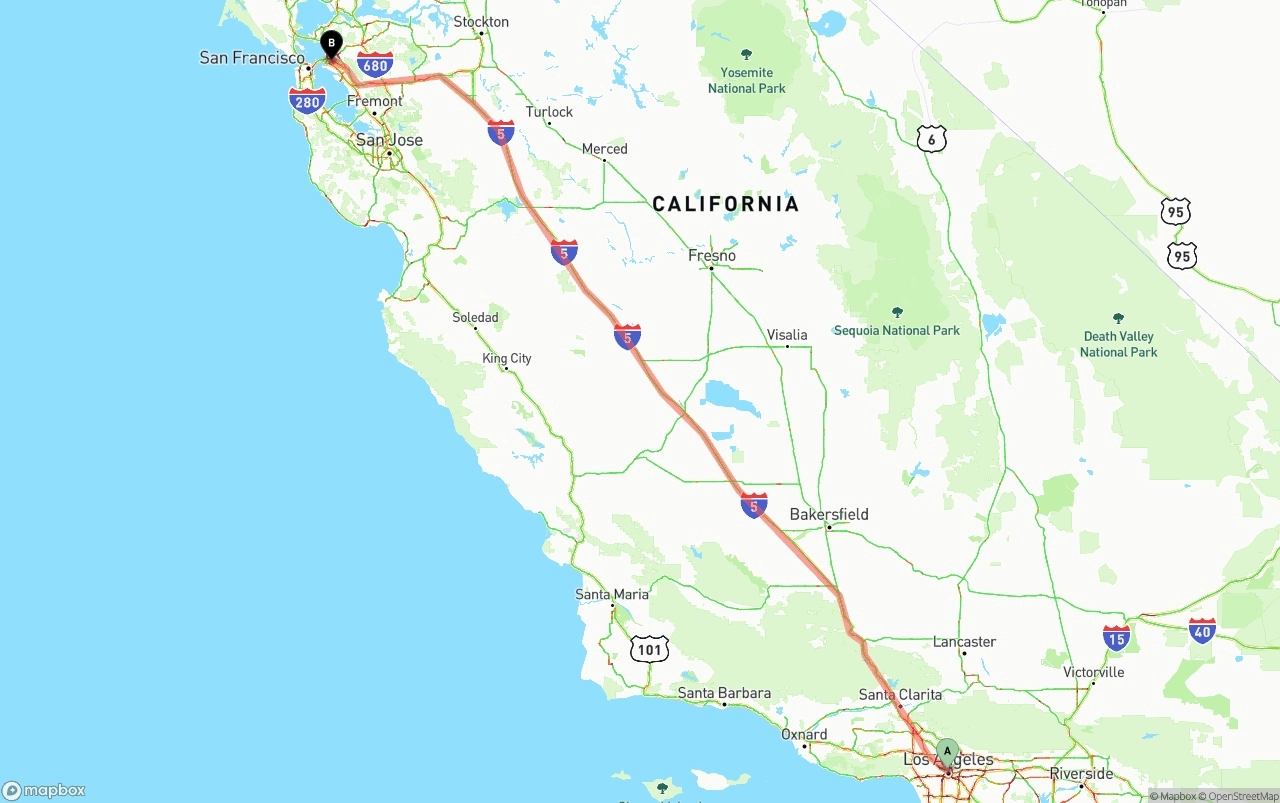 Shipping route from Los Angeles to Oakland