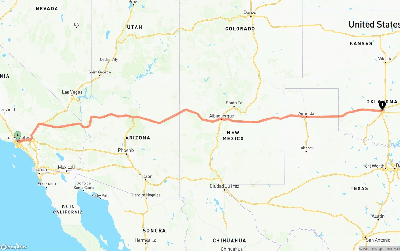 Shipping route from Los Angeles to Oklahoma City