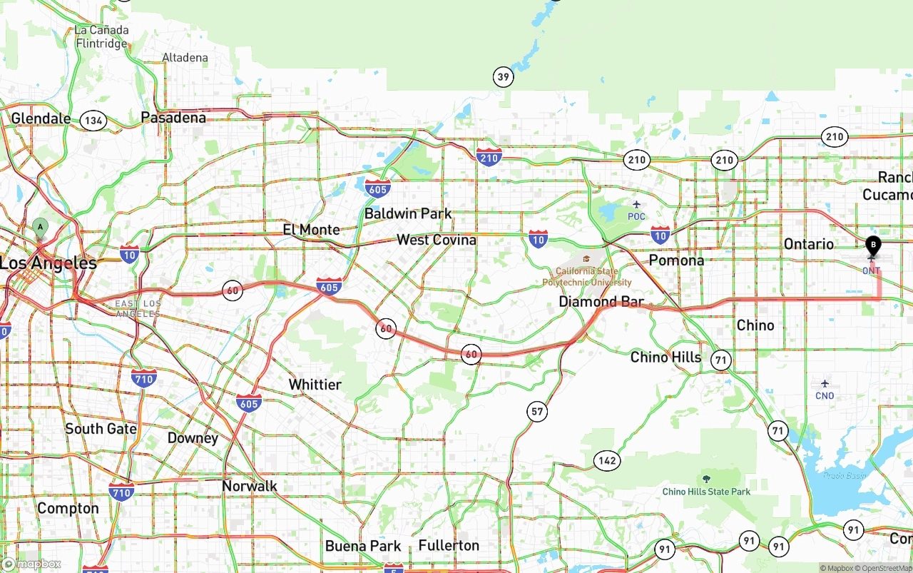 Shipping route from Los Angeles to Ontario International Airport