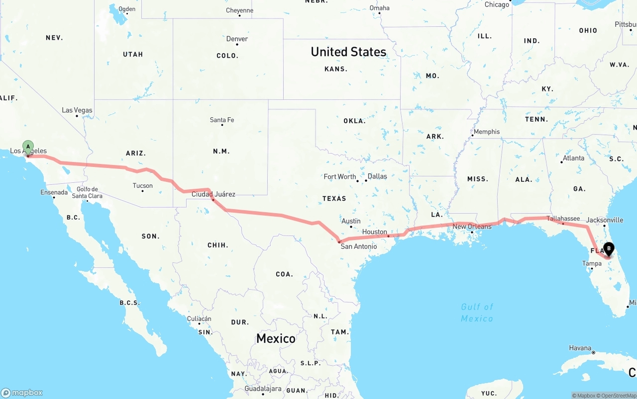 Shipping route from Los Angeles to Orlando