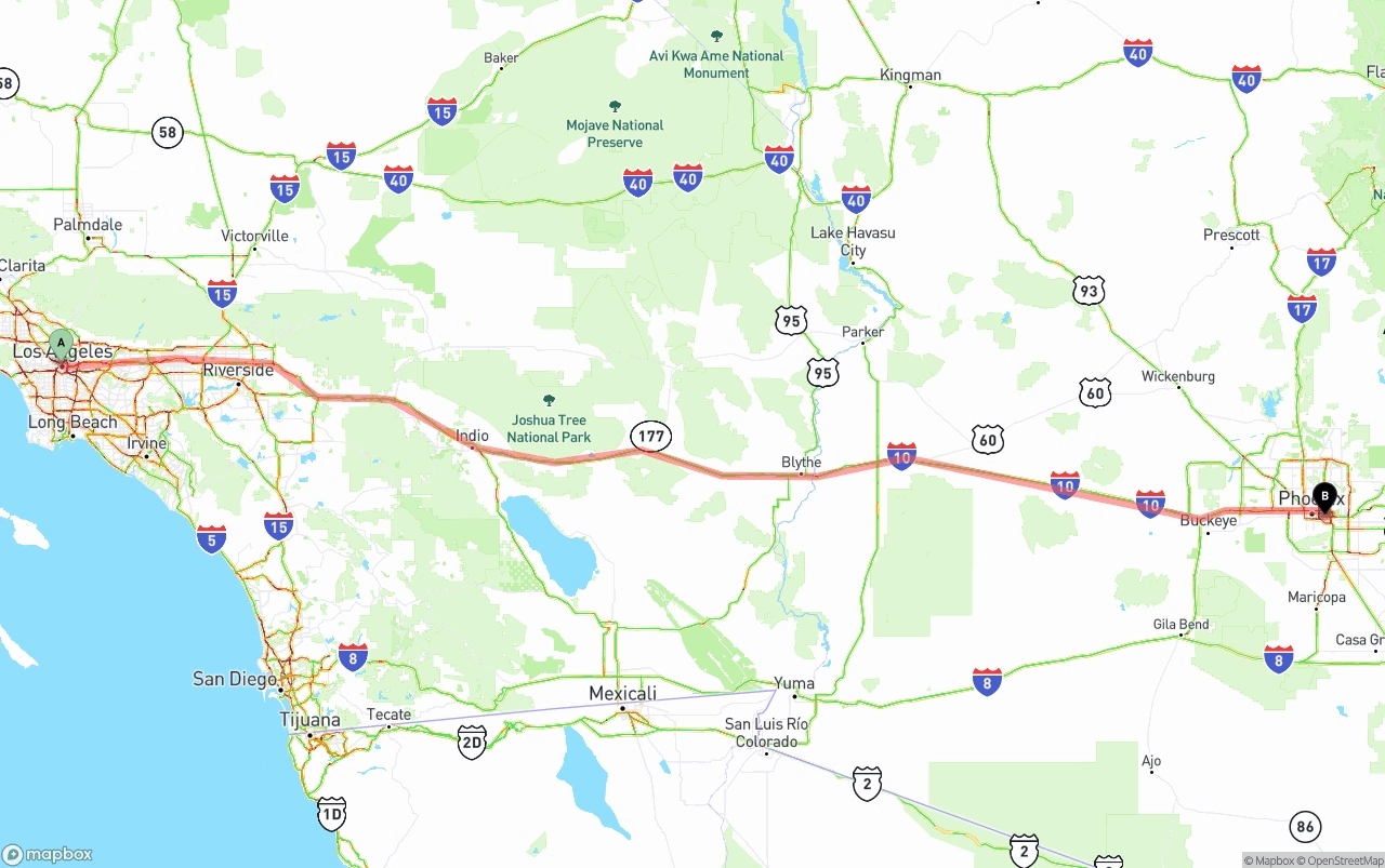 Shipping route from Los Angeles to Phoenix Sky Harbor International Airport