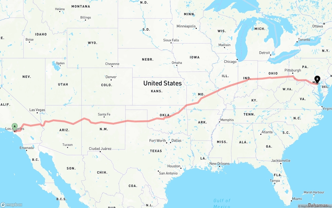 Shipping route from Los Angeles to Port of Baltimore