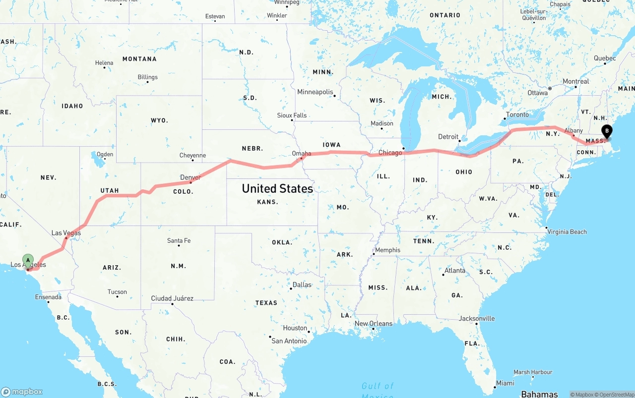 Shipping route from Los Angeles to Port of Boston