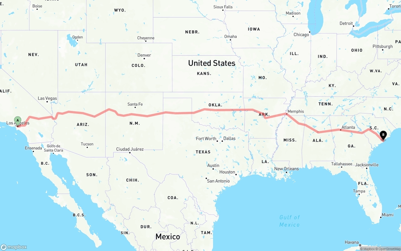 Shipping route from Los Angeles to Port of Charleston