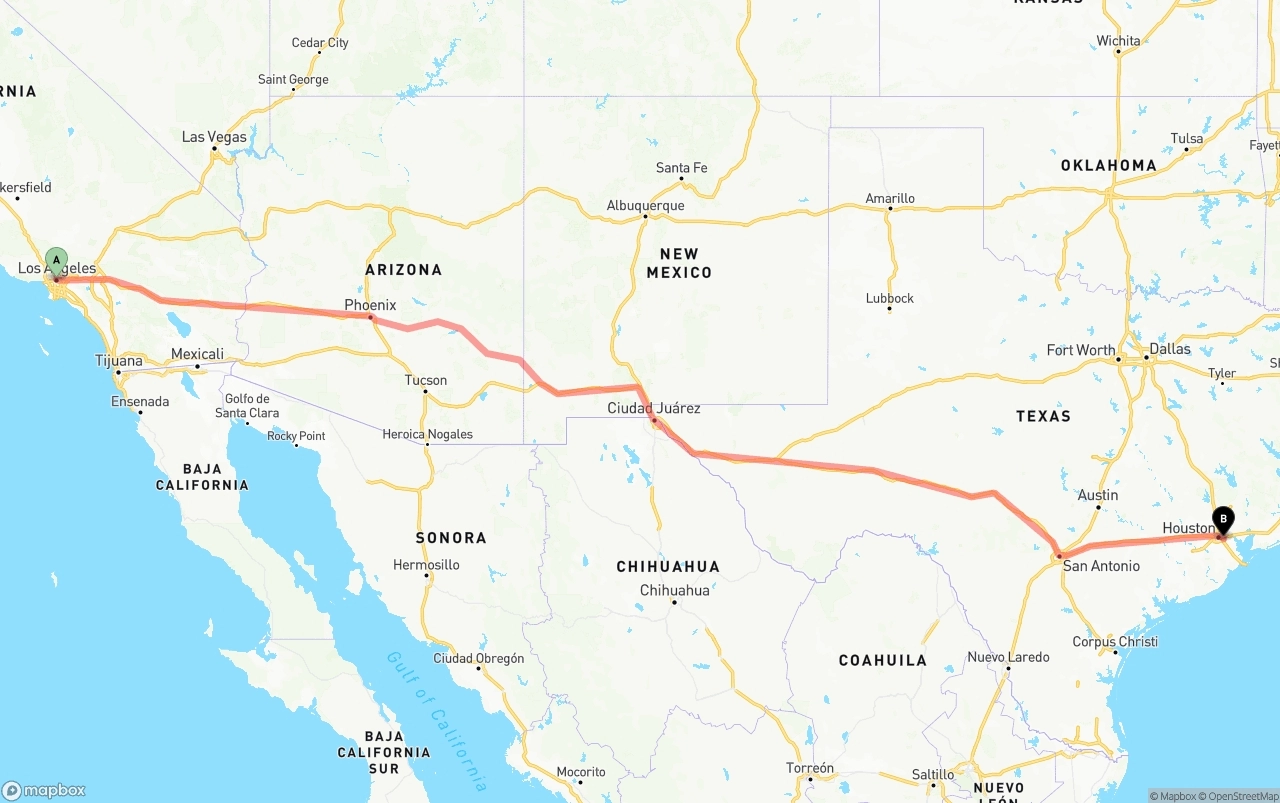 Shipping route from Los Angeles to Port of Houston