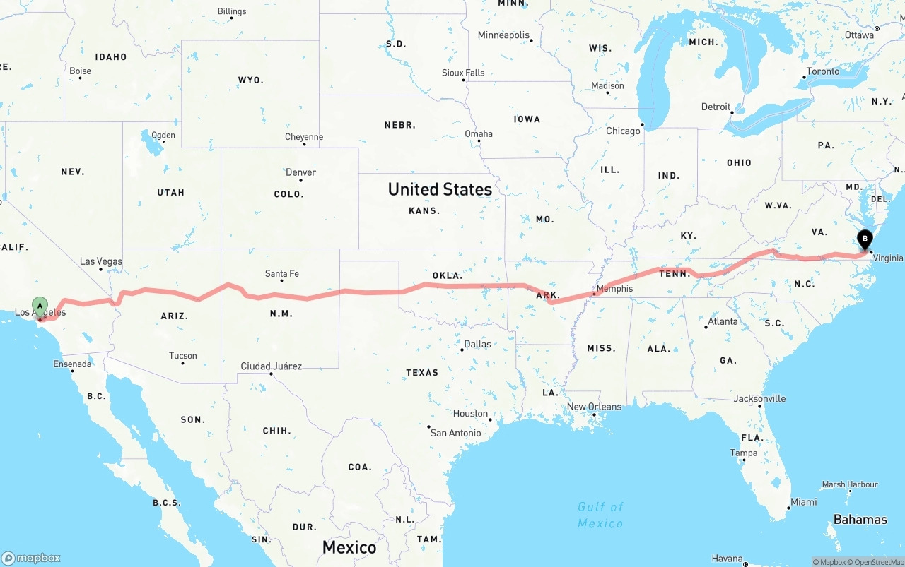 Shipping route from Los Angeles to Port of Norfolk
