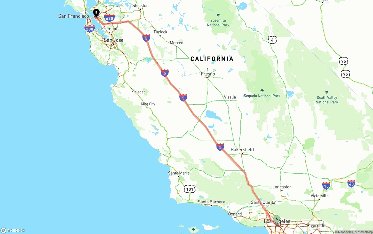 Shipping route from Los Angeles to Port of Oakland