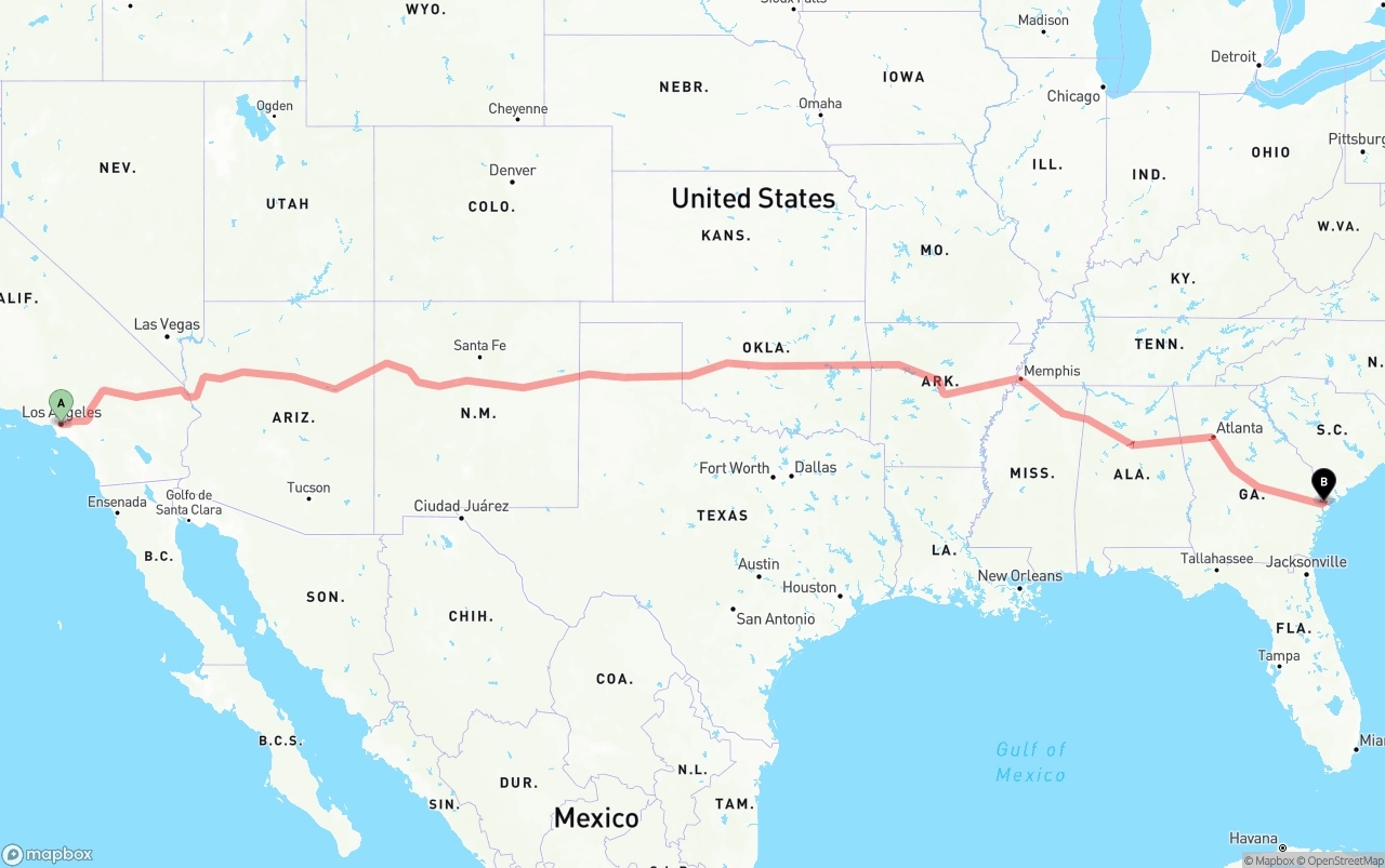 Shipping route from Los Angeles to Port of Savannah