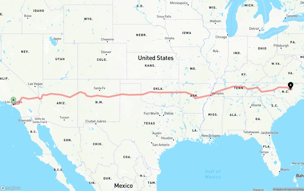 Shipping route from Los Angeles to Raleigh