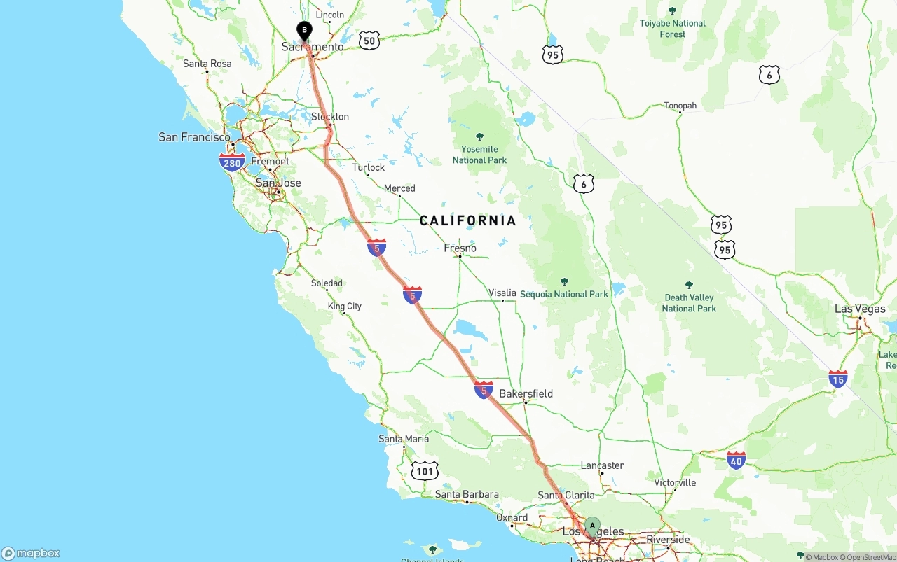 Shipping route from Los Angeles to Sacramento International Airport