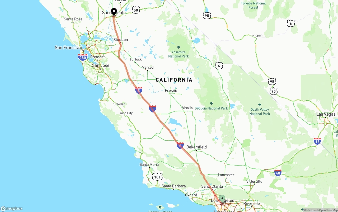 Shipping route from Los Angeles to Sacramento