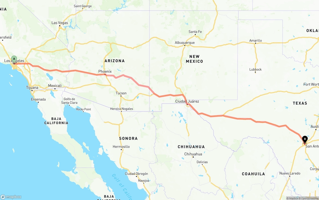 Shipping route from Los Angeles to San Antonio