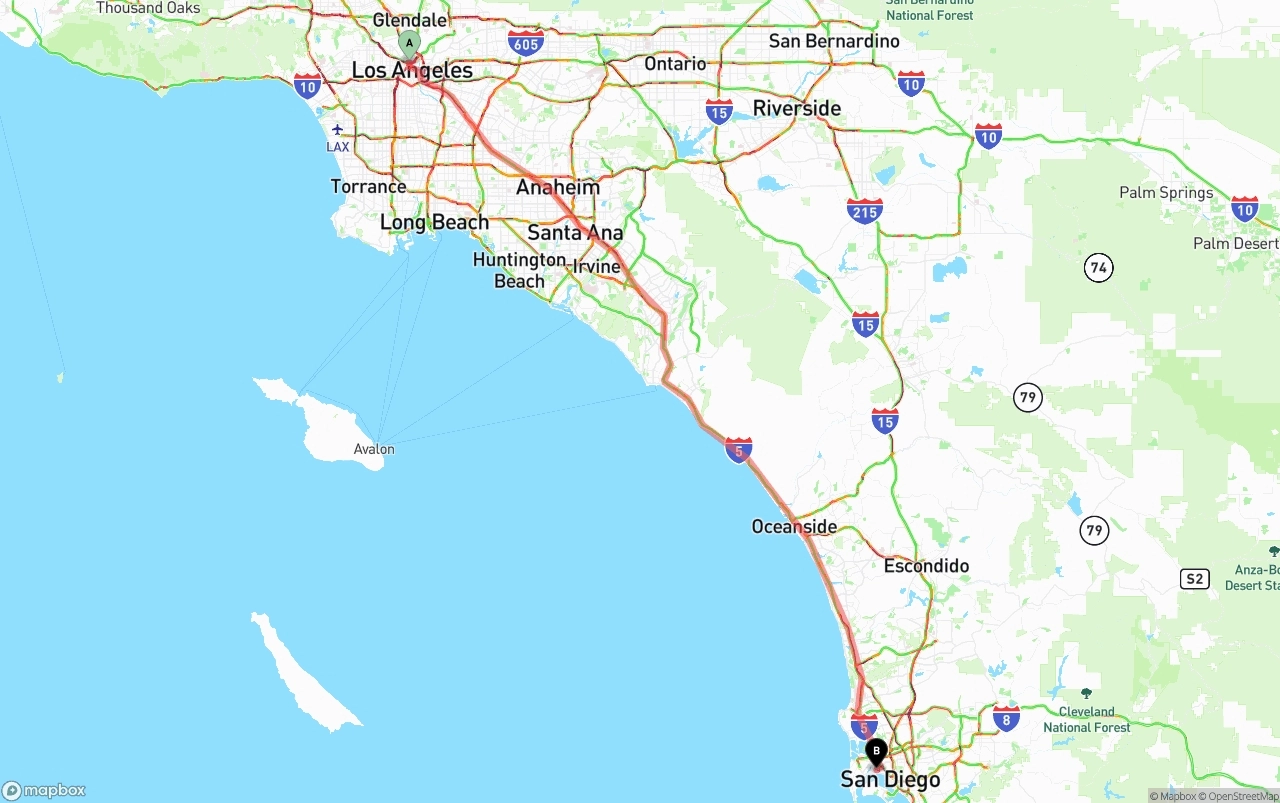 Shipping route from Los Angeles to San Diego International Airport