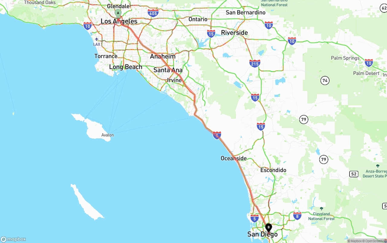 Shipping route from Los Angeles to San Diego
