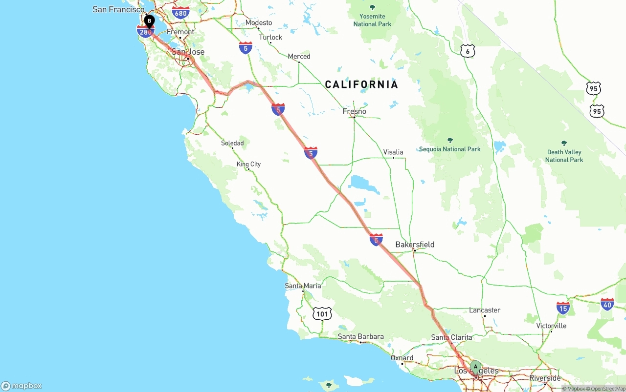 Shipping route from Los Angeles to San Francisco International Airport