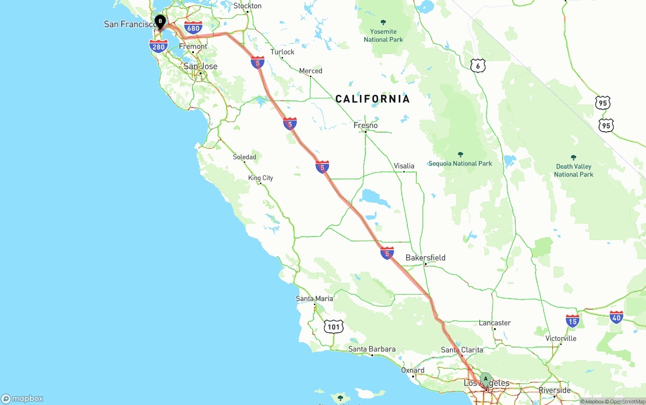 Shipping route from Los Angeles to San Francisco