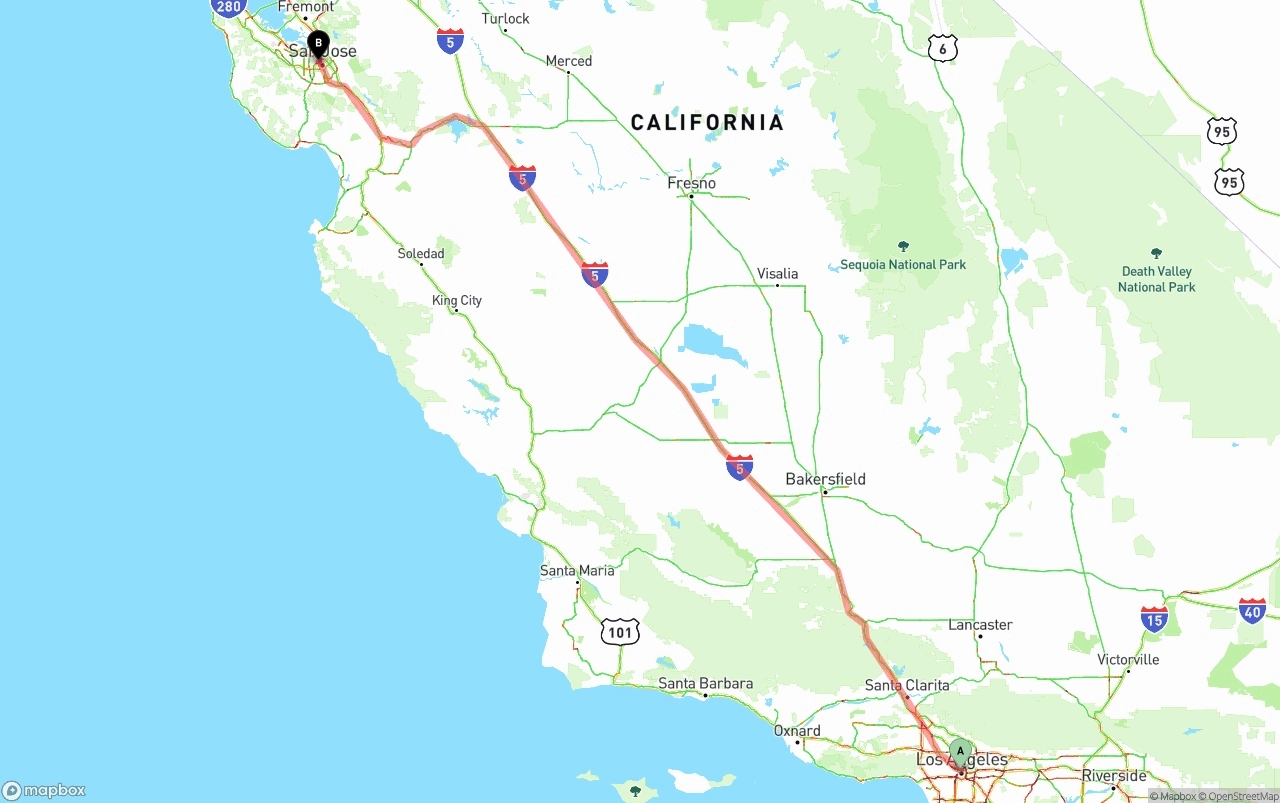 Shipping route from Los Angeles to San Jose
