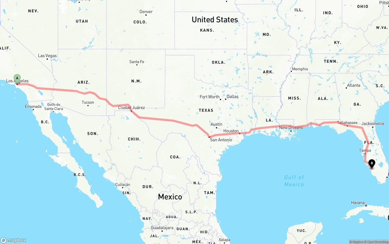 Shipping route from Los Angeles to Southwest Florida International Airport
