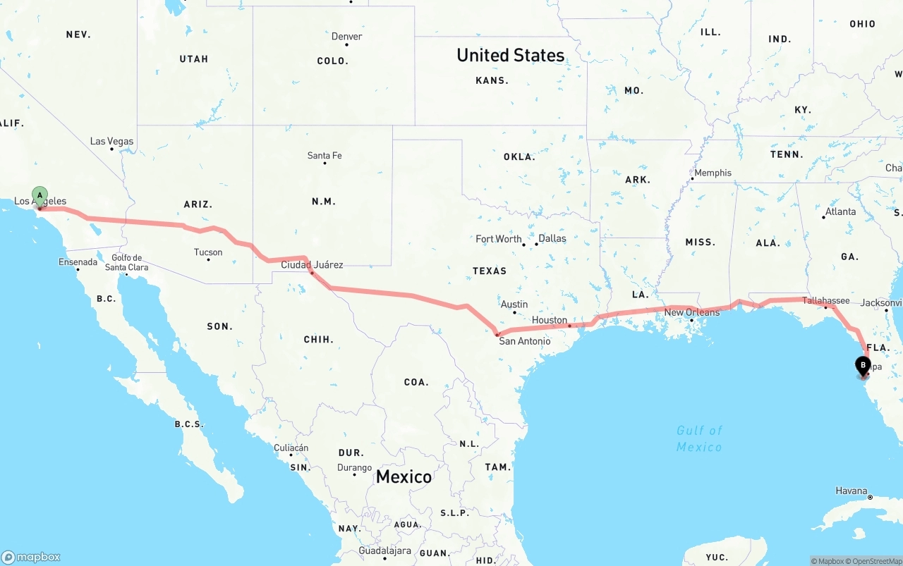 Shipping route from Los Angeles to St. Petersburg
