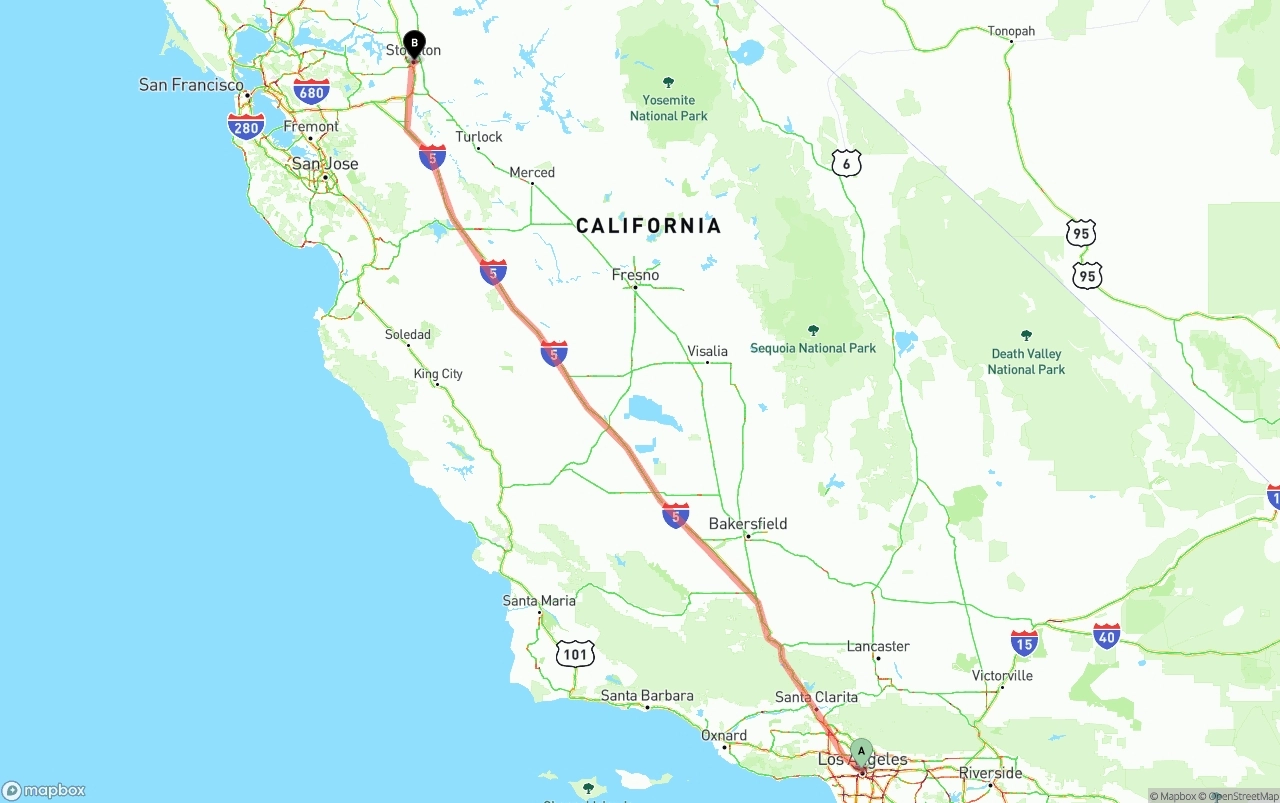Shipping route from Los Angeles to Stockton