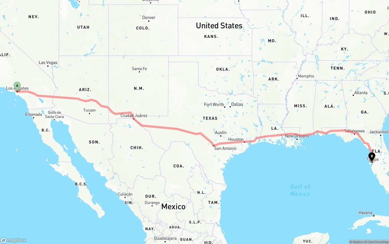 Shipping route from Los Angeles to Tampa International Airport