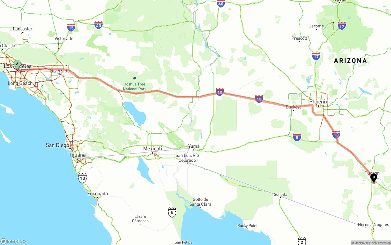 Shipping route from Los Angeles to Tucson International Airport
