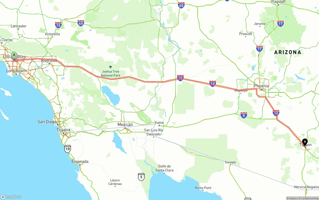 Shipping route from Los Angeles to Tucson
