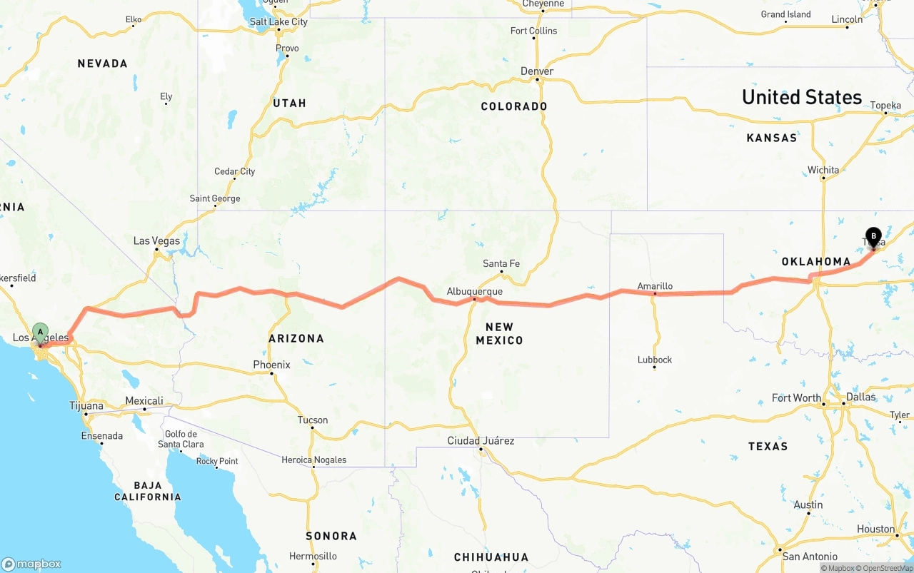 Shipping route from Los Angeles to Tulsa