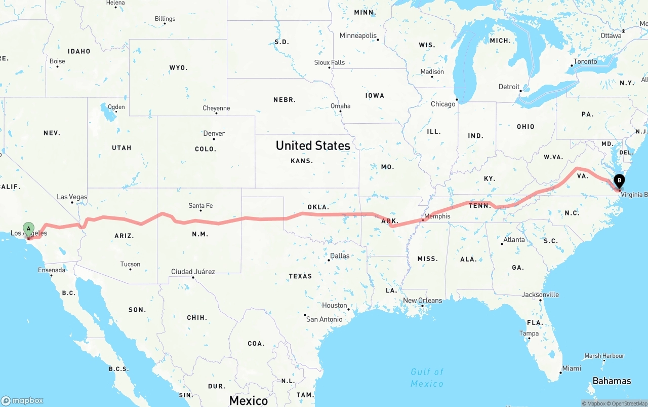 Shipping route from Los Angeles to Virginia Beach