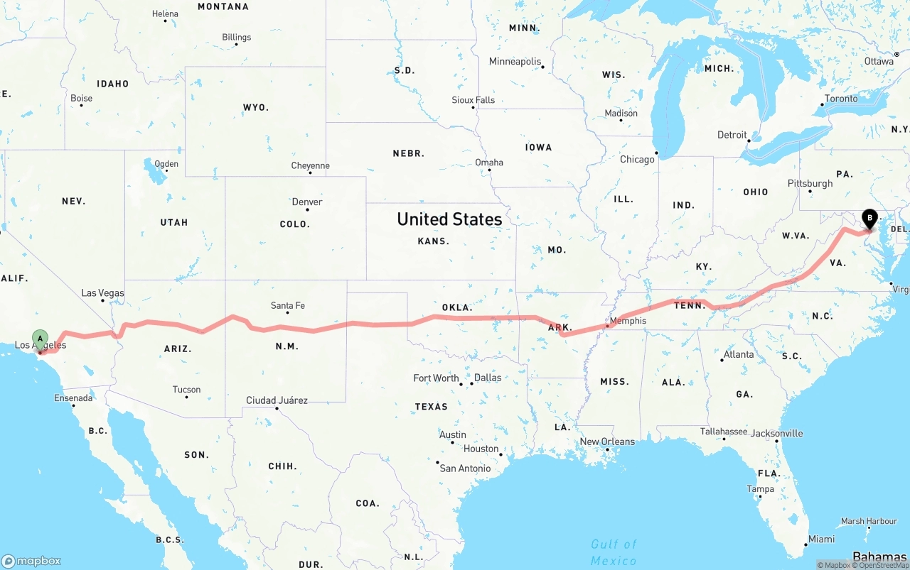 Shipping route from Los Angeles to Washington D.C.