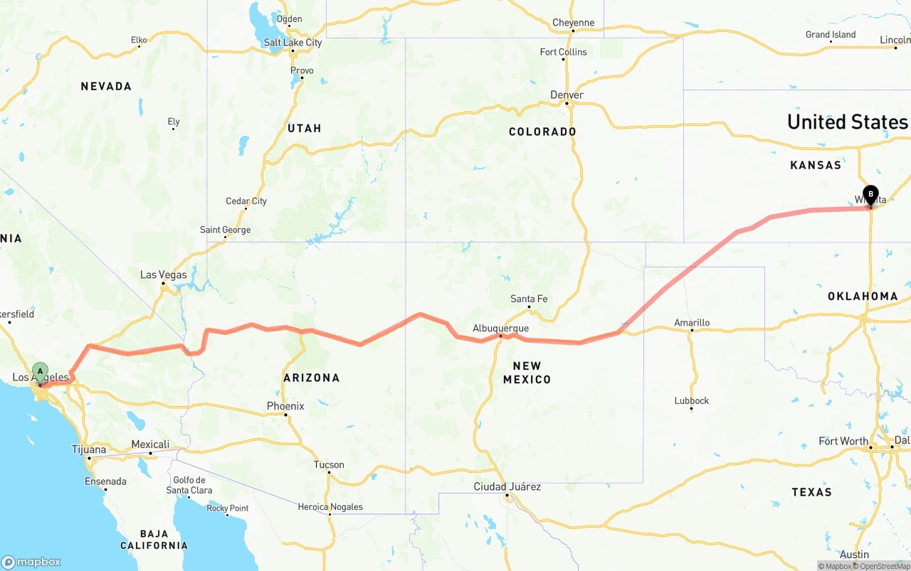 Shipping route from Los Angeles to Wichita