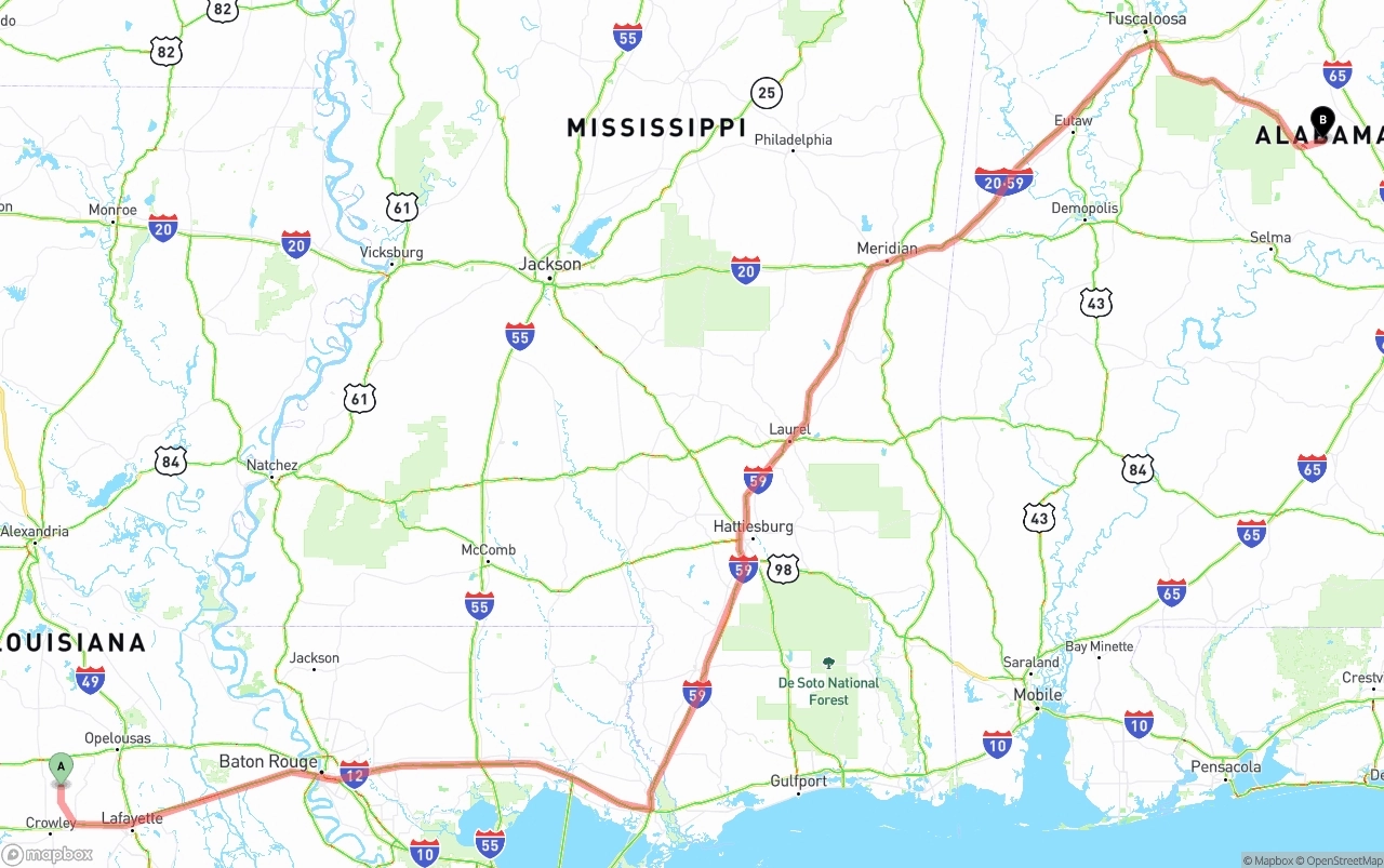 Shipping route from Louisiana to Alabama