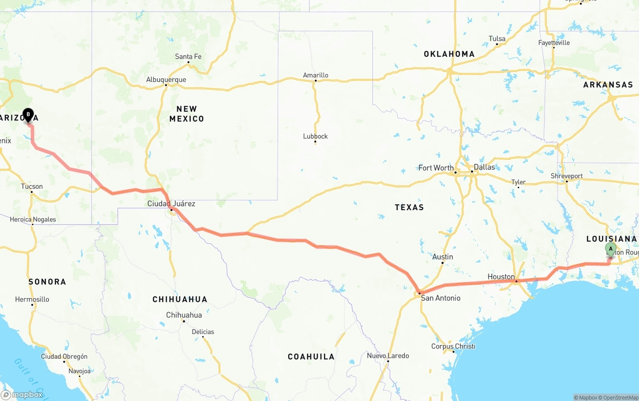 Shipping route from Louisiana to Arizona