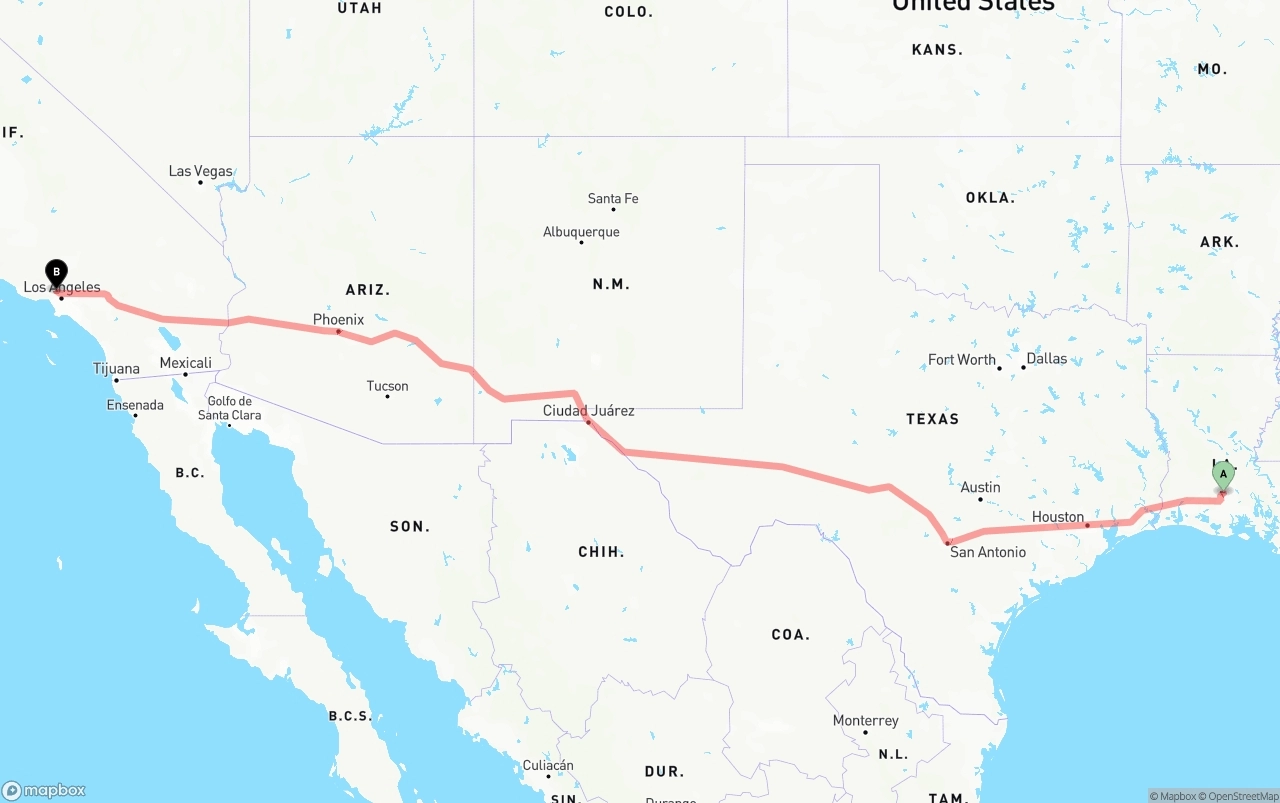 Shipping route from Louisiana to Bob Hope Airport