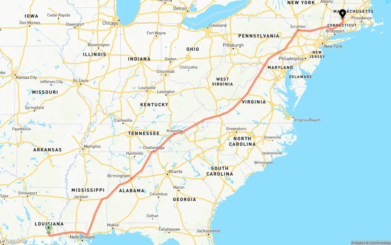 Shipping route from Louisiana to Bradley International Airport