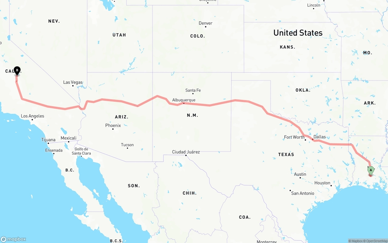 Shipping route from Louisiana to California