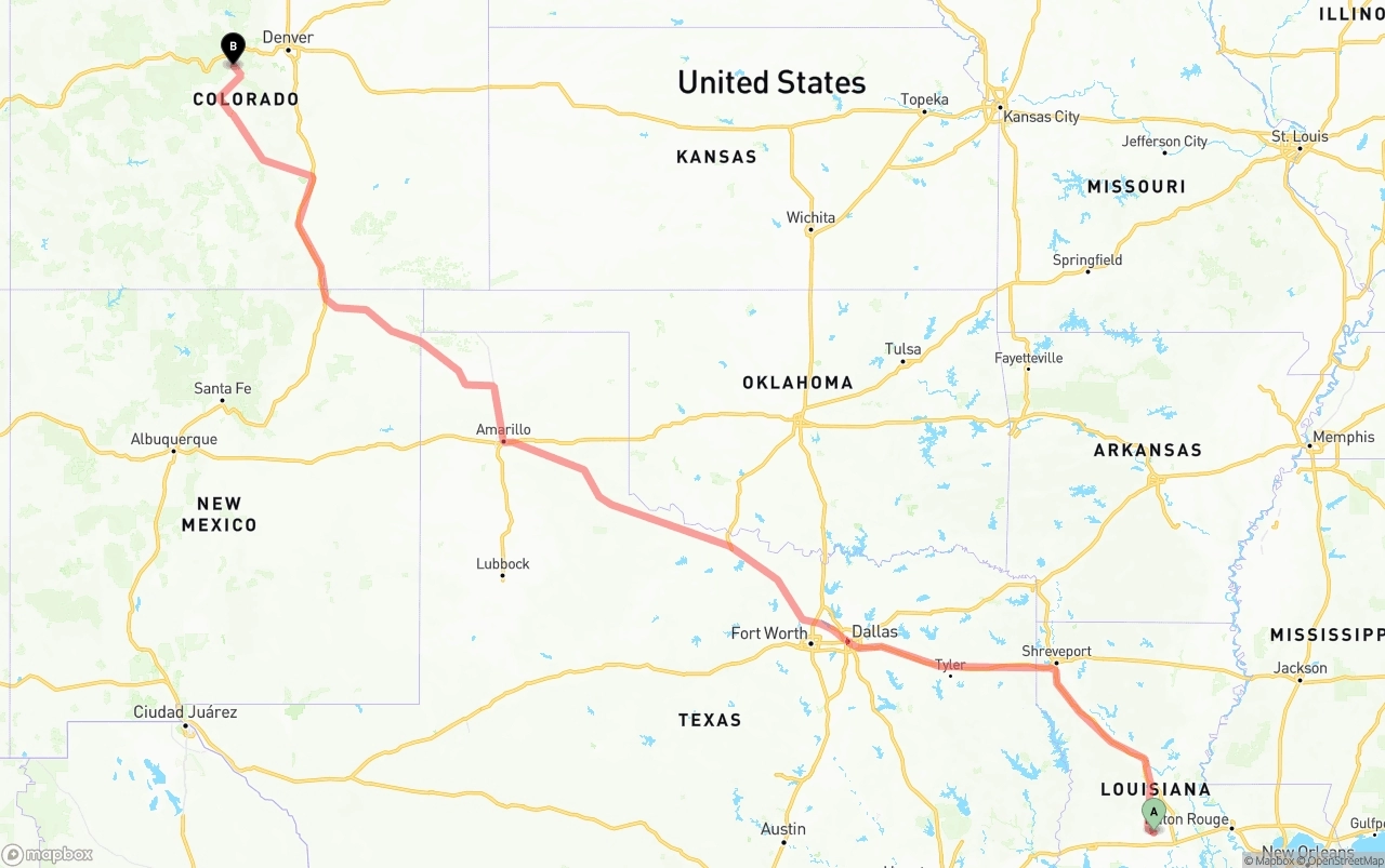 Shipping route from Louisiana to Colorado