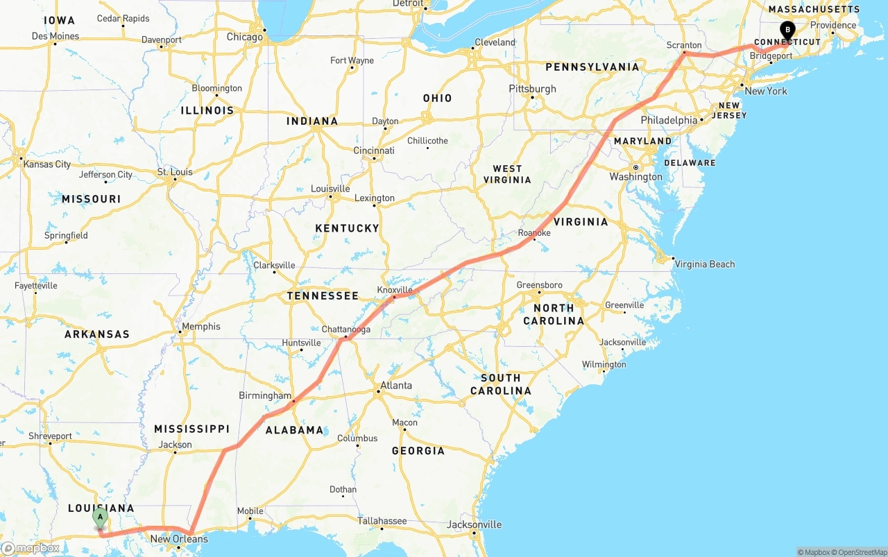 Shipping route from Louisiana to Connecticut